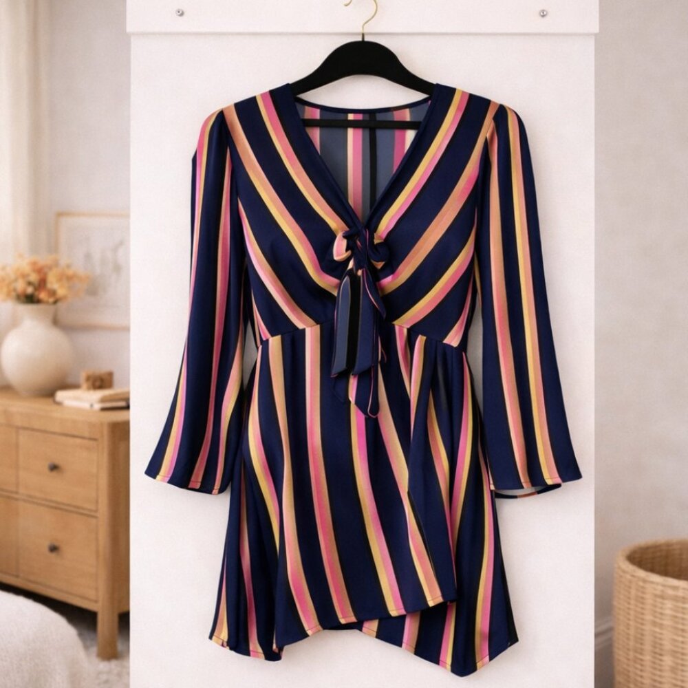 Topshop Striped Tie-Front Mini Dress Bell Sleeve Surplice V-Neck Size 4 NWOT